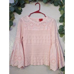 V Cristina Pink Bell Sleeve Eyelet Lace Open Knit Blouse